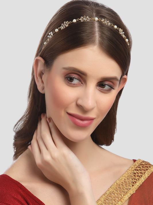 Karatcart Gold Plated Pearl Studded Floral Kundan Hairband for Women