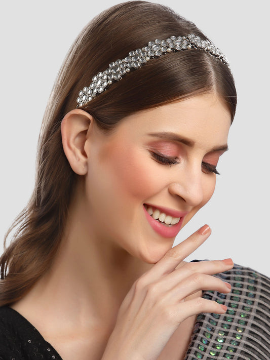 Karatcart Oxidised Silver Kundan Studded Handcrafted Hairband for Women