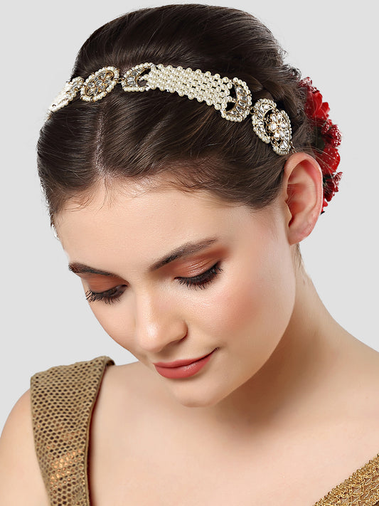 Karatcart Gold Plated Floral Pearl Beaded Kundan Hairband for Women