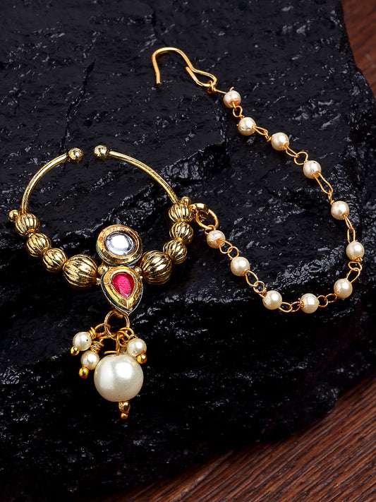 Red Drop Kundan Nosepin With Pearl Ball Chain
