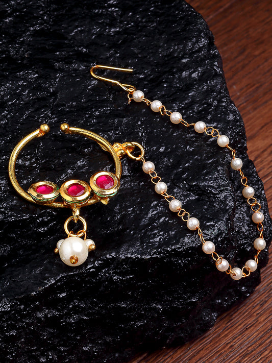 Red Kundan Nosepin With Pearl Ball Chain