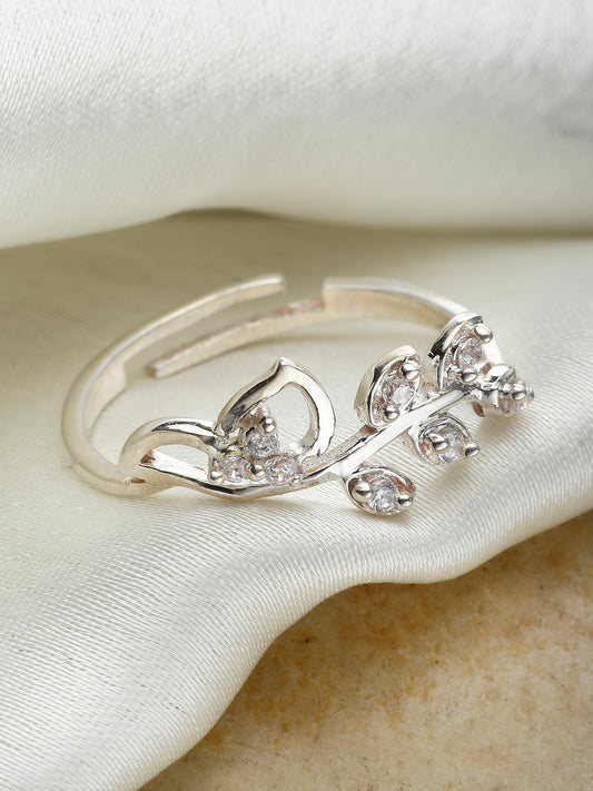 925 Sterling Silver Austrian Crystal Leaf Adjustable Ring