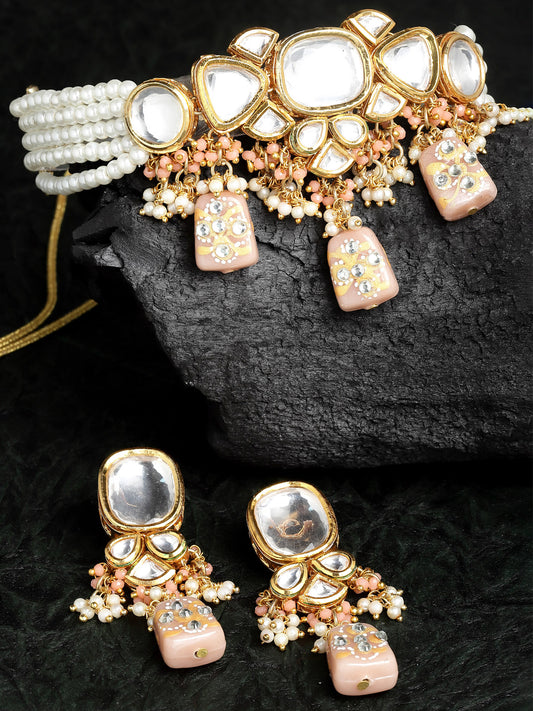 Karatcart Peach Designer Tumble Polki Kundan Necklace Set