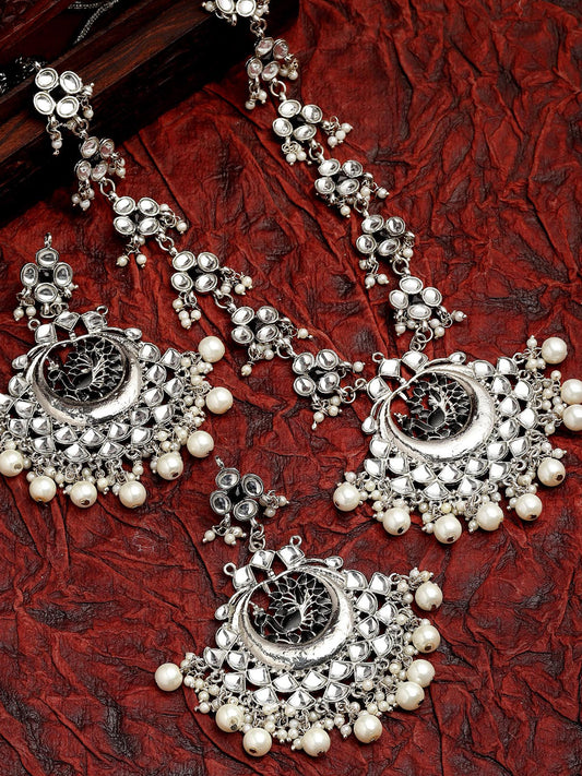 Karatcart Oxidised Silver Black Peacock Shape Kundan Rani Haar Necklace Set