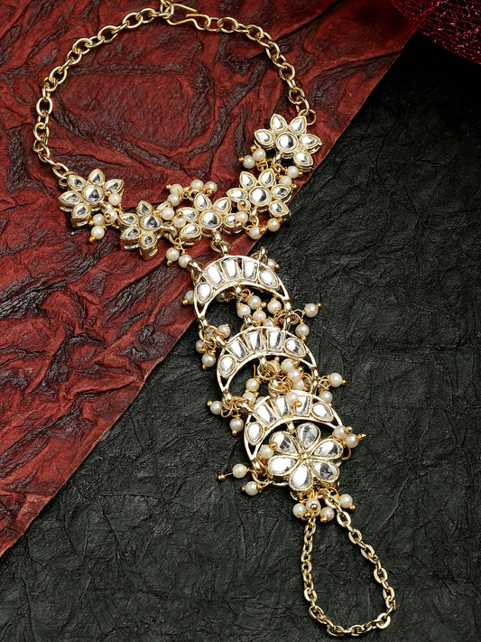 Karacart Gold Plated Pearl and Moon Shape Kundan Hathphool for Women