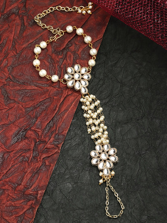 Karacart Gold Plated Pearl and Floral Kundan Hathphool for Women