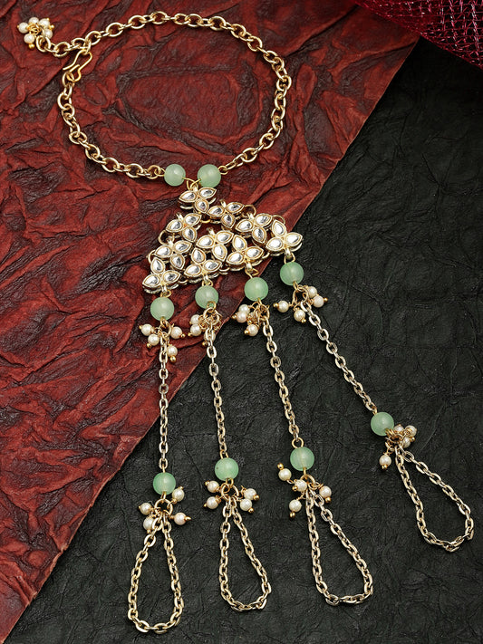 Karacart Gold Plated Light Green Beads Kundan Hathphool for Women