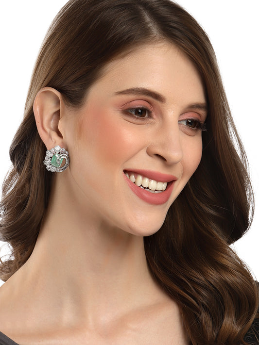 Karatcart Silver Tone Lime Green American Diamond Studded Stud Earrings for Women
