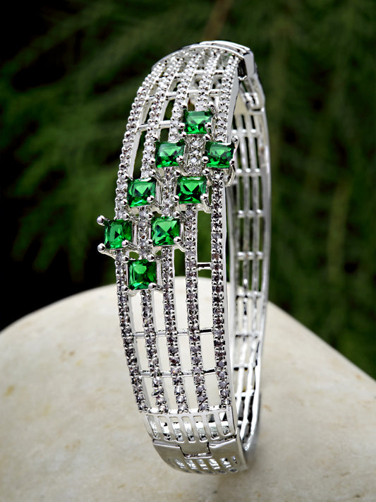 Karatcart Silver Tone Green CZ and American Diamond Studded Bracelet for Women