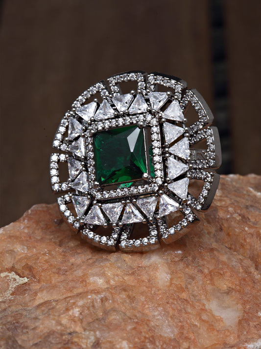 Karatcart Silver Tone Green American Diamond Floral Shape Women's Ring