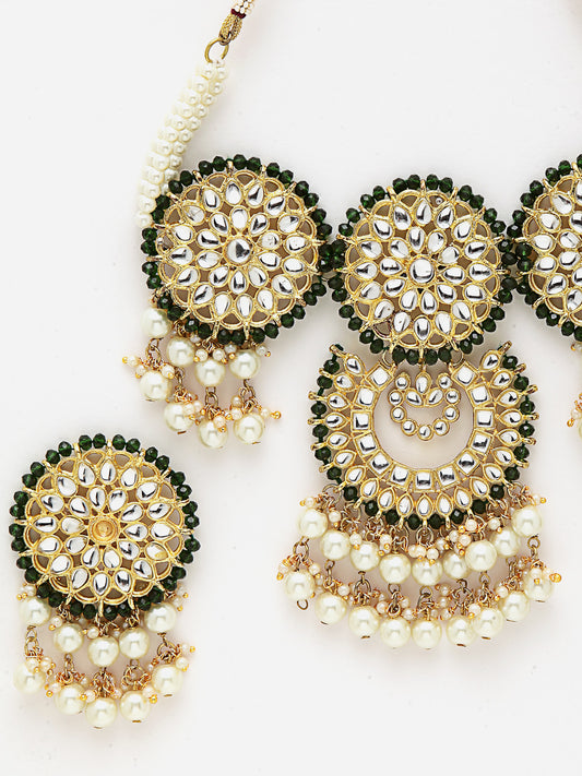 Green Crystal Studded Pearl Tasselled Kundan Choker Necklace Set