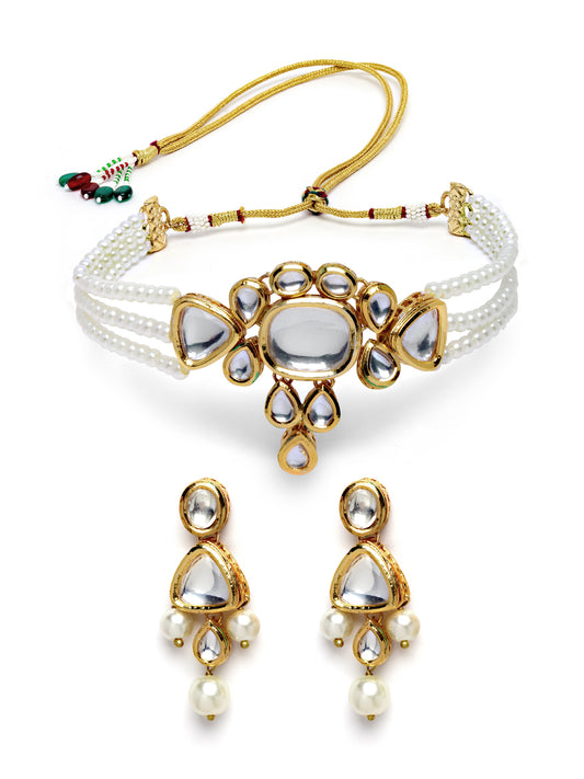 Karatcart Gold Plated Pearl Beaded Polki Choker Necklace Set