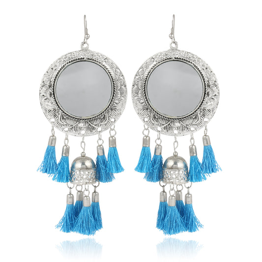Karatcart Jaipuri Designer Vintage Oxidised German Silver Tribal Dangler Hanging Mirror Earring for Women