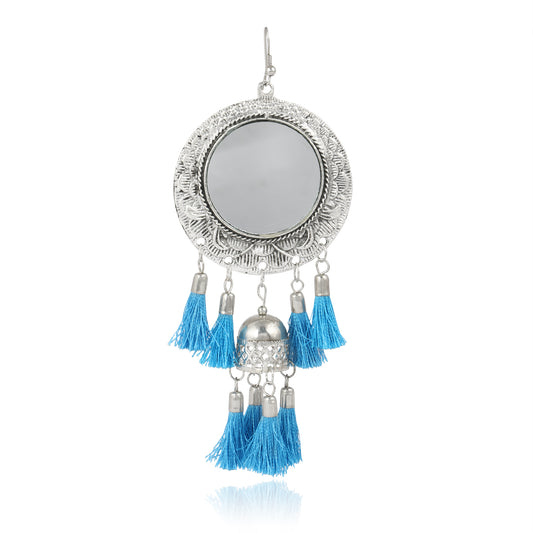 Karatcart Jaipuri Designer Vintage Oxidised German Silver Tribal Dangler Hanging Mirror Earring for Women