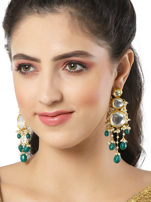 Green Tumble Polki Kundan Dangler Earrings for Women