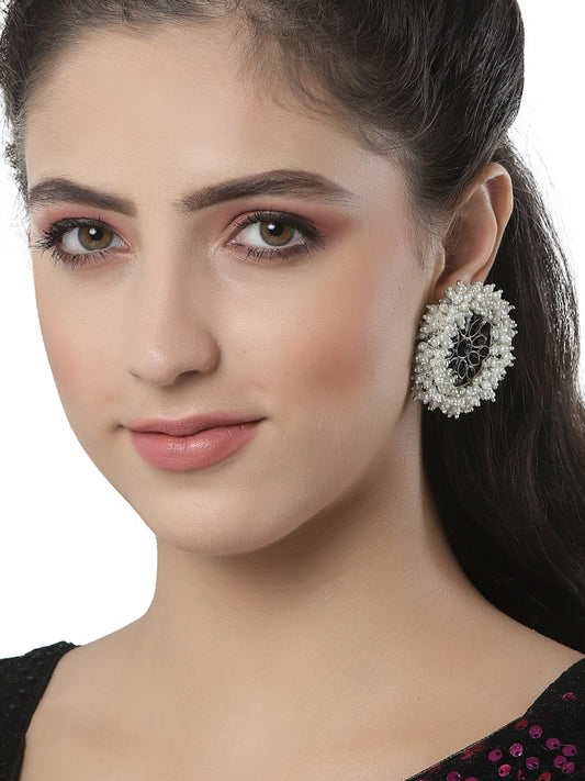 Oxidised Silver Black Kundan Pearl Stud Earrings for Women