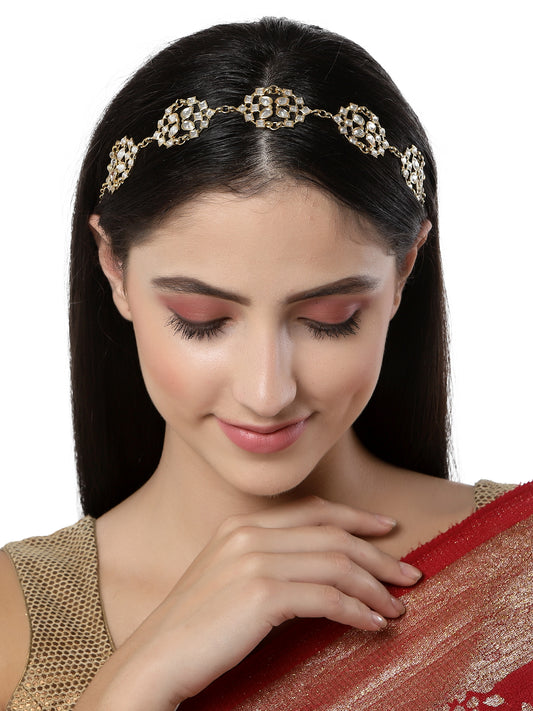 Karatcart Floral Shape Kundan Studded Gold Plated Handcrafted Hairband for Women