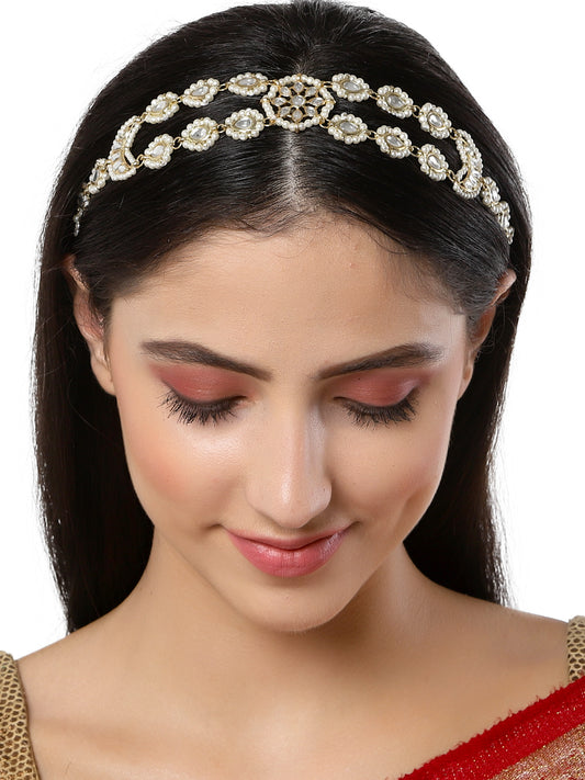 Karatcart Gold Plated Drop Kundan Studded Handcrafted Hairband for Women