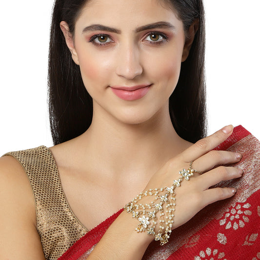 Karacart Gold Plated Pearl Chain and Floral Kundan Hathphool for Women