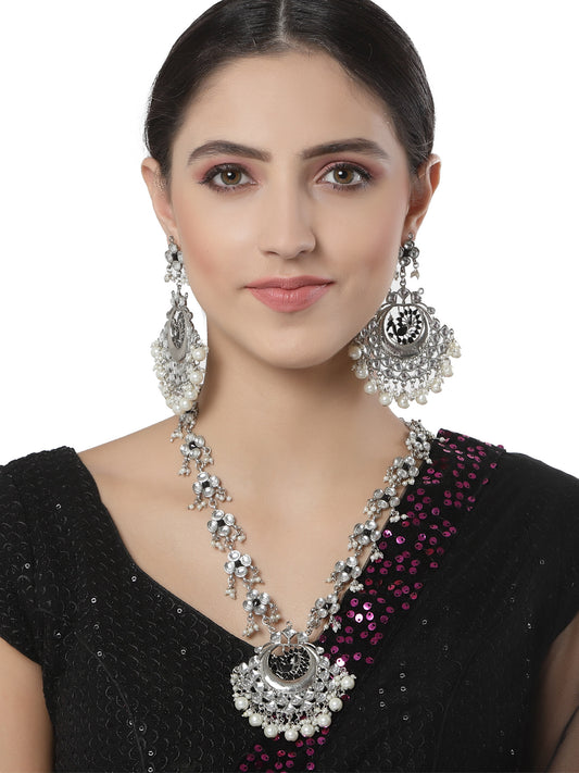 Karatcart Oxidised Silver Black Peacock Shape Kundan Rani Haar Necklace Set