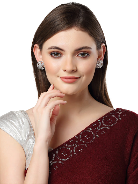 Karatcart Silver Plated Embellished Cubic Zirconia Stud Earrings for Women