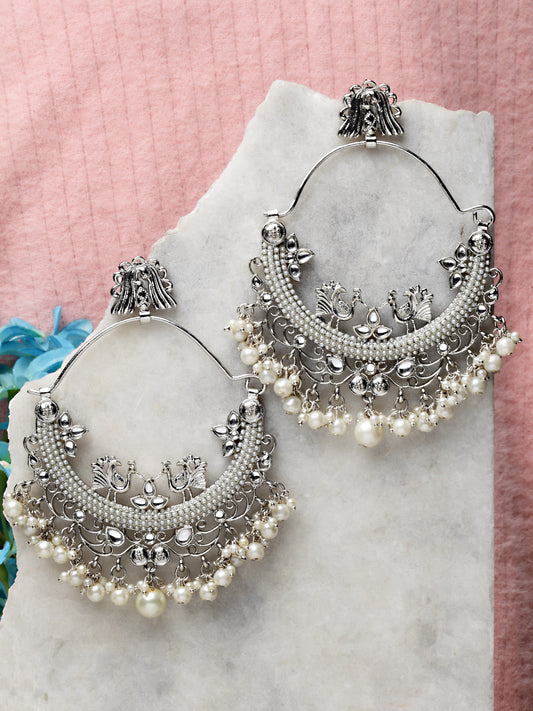Karatcart Oxidised Silver Embellished Kundan and Pearl Large Chandbali Earrings for Women