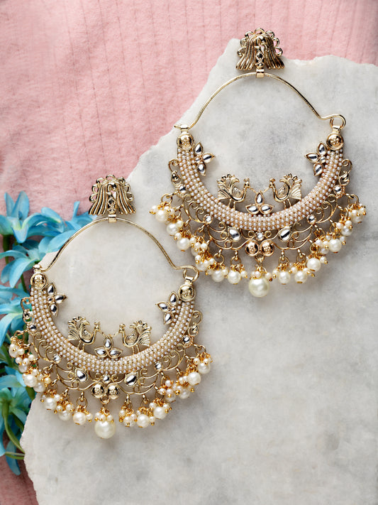Karatcart Gold Plated Embellished Kundan and Pearl Large Chandbali Earrings for Women
