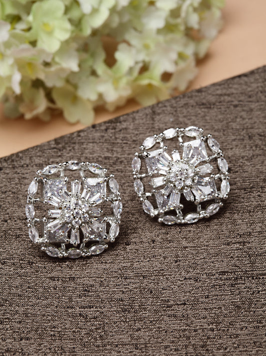 Karatcart Silver Plated Embellished Cubic Zirconia Stud Earrings for Women