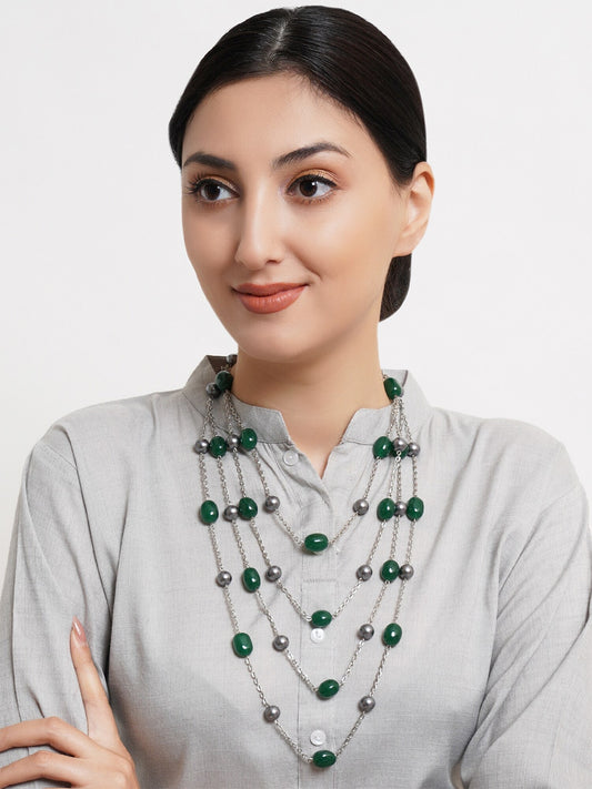 Women Green & Silver-Toned Handcrafted Layered Necklace Ranihaar
