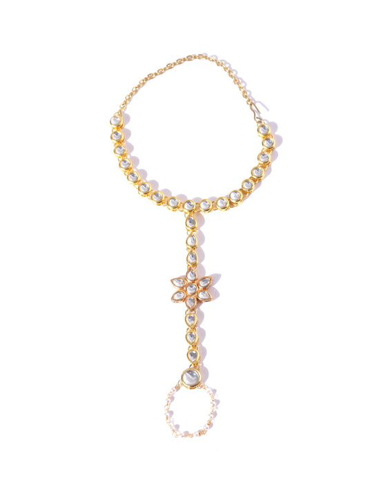 Gold-Plated Kundan Pearl Chain Hathphool