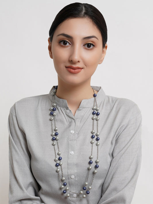 Women Blue & White Studded Kundan Ranihaar Necklace