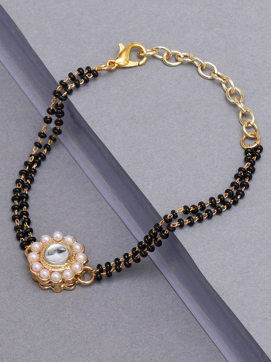 Women Gold-Plated & Black Charm Mangalsutra Bracelet