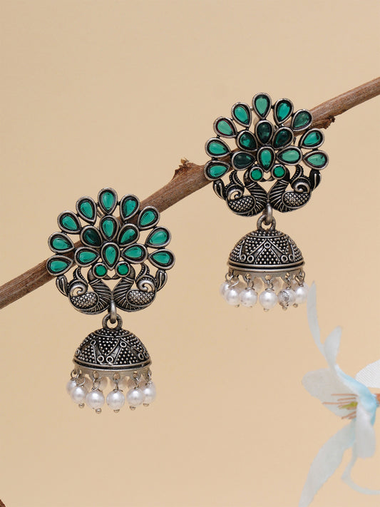 Karatcart Oxidised Silver Peacock Shape Green Stone Studded Jhumki Earrings for Women