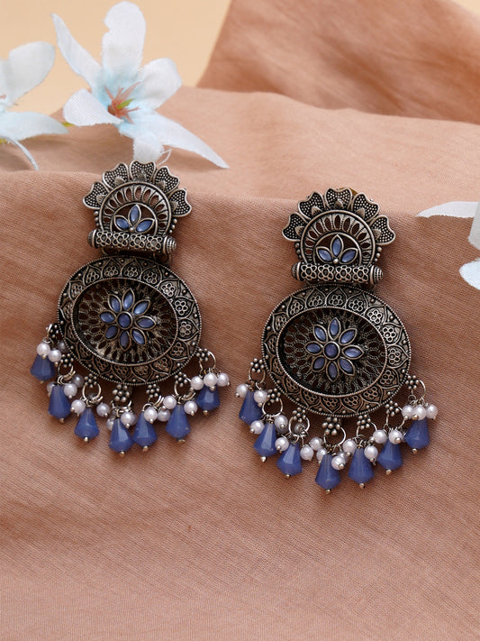Karatcart Oxidised Silver Floral Design Monalisa Stone Studded Blue Dangler Earrings