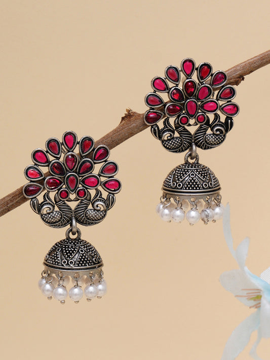 Karatcart Oxidised Silver Peacock Shape Red Stone Studded Jhumki Earrings for Women