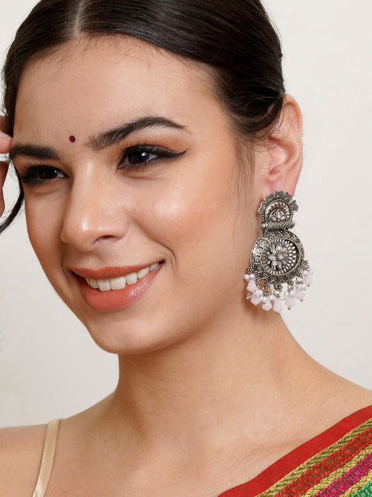 Karatcart Oxidised Silver Floral Design Monalisa Stone Studded Pink Dangler Earrings