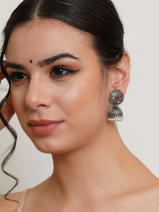 Karatcart Oxidised Silver Round Jhumki Earrings for Women