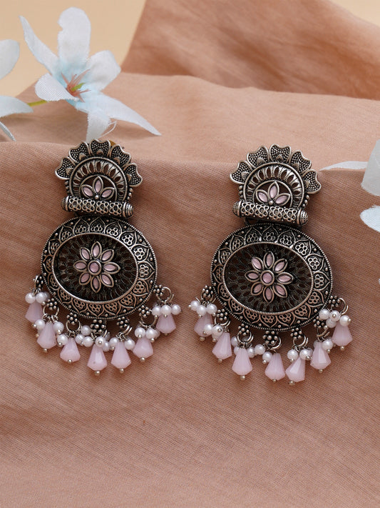 Karatcart Oxidised Silver Floral Design Monalisa Stone Studded Pink Dangler Earrings
