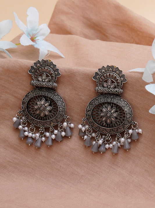 Karatcart Oxidised Silver Floral Design Monalisa Stone Studded Grey Dangler Earrings