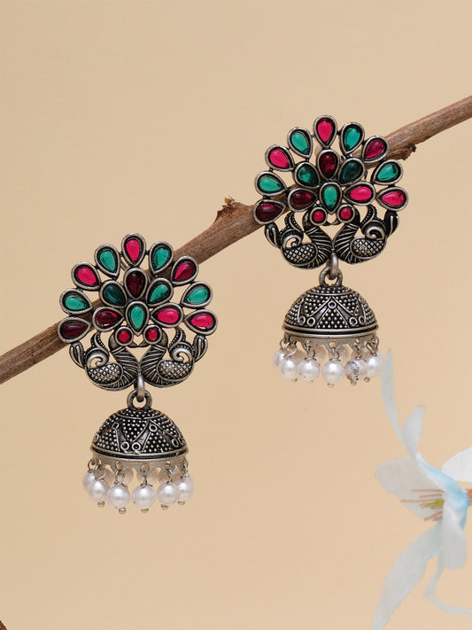 Karatcart Oxidised Silver Peacock Shape Red and Green Stone Jhumki Earrings for Women