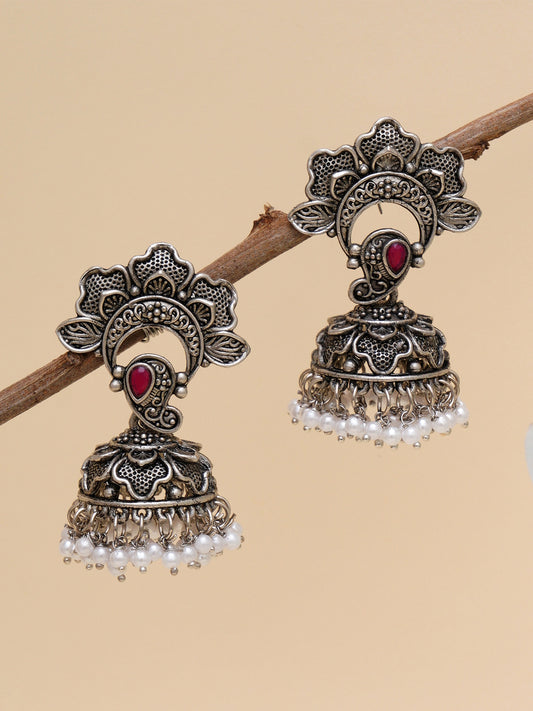 Karatcart Oxidised Silver Red Stone Floral Jhumki Studded with White Pearl for Women